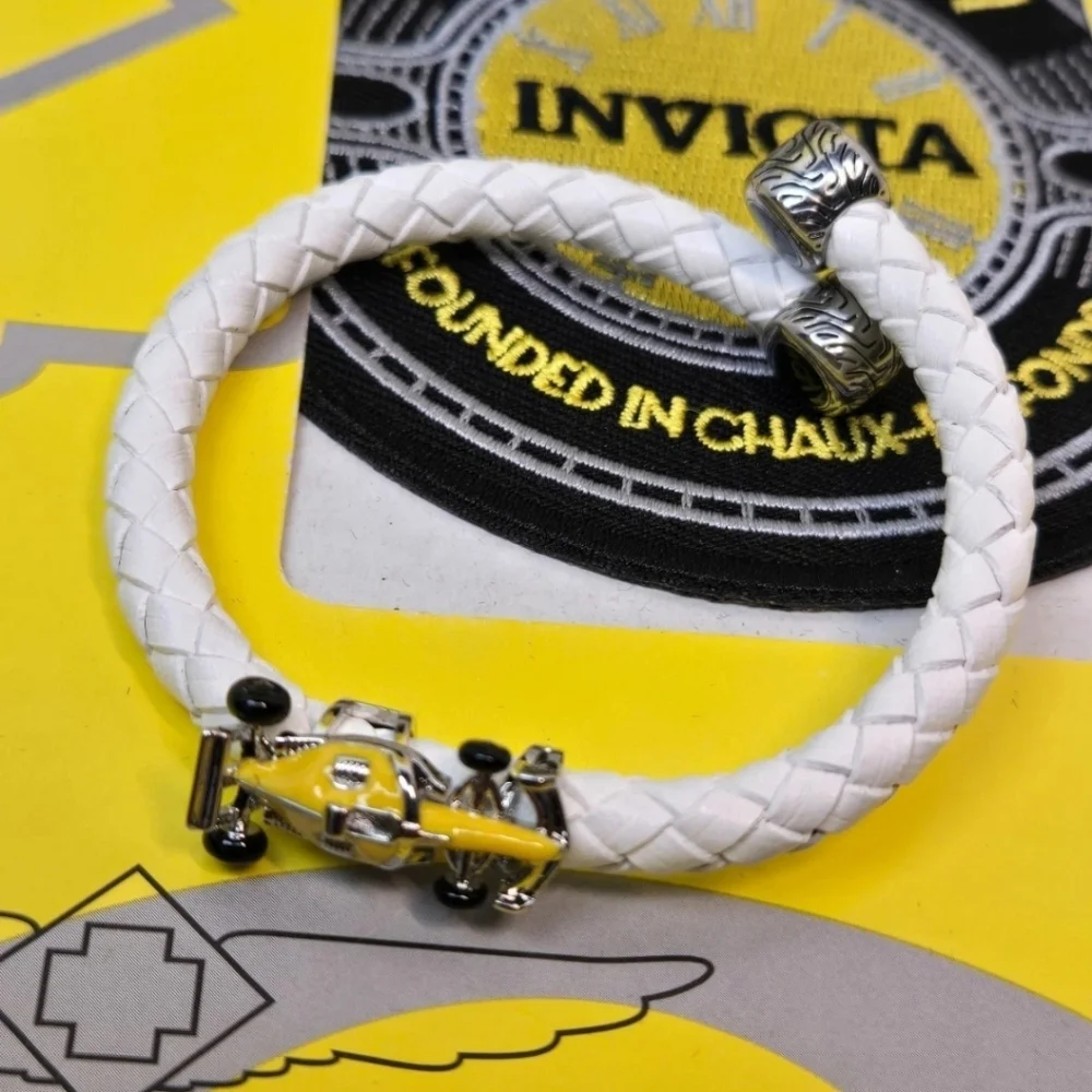 Invicta Racing Cuff Bracelet White Braided Leather Band IG0353 F1 Race Car